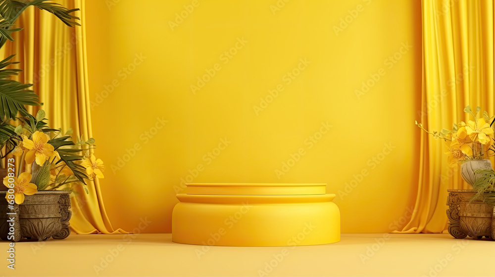 Cylinder yellow background minimal scene with yellow geometric platform. Summer background vector 3d rendering with podium. stand for products. Stage Showcase on pedestal 3d yellow background studio