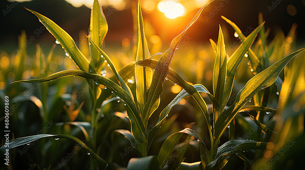 Sunrise over a cornfield, corn field at sunset