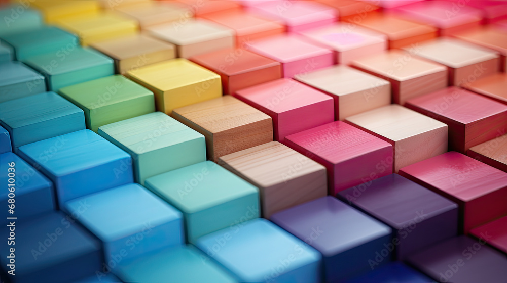 Spectrum of stacked multi-colored wooden blocks. Background or cover for something creative, diverse, expanding, rising or growing. shallow depth of field, Colorful wooden blocks aligned. Wide format,