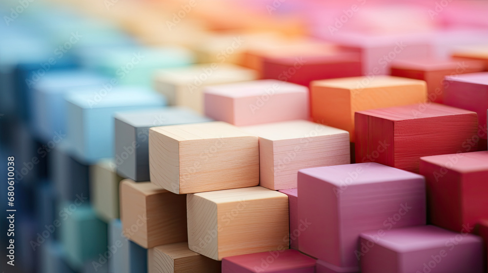 Spectrum of stacked multi-colored wooden blocks. Background or cover for something creative, diverse, expanding, rising or growing. shallow depth of field, Colorful wooden blocks aligned. Wide format,