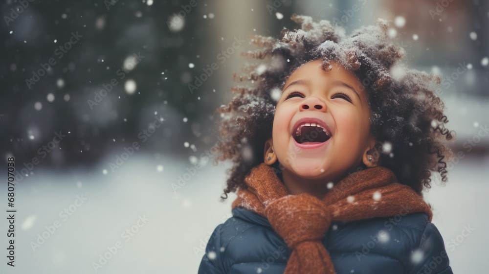 A young girl excitedly catching snowflakes on her tongue