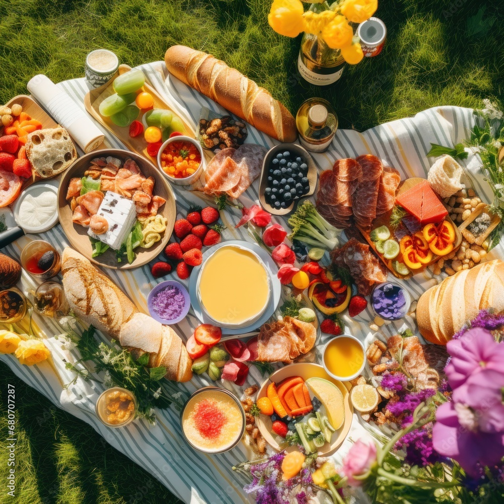 An overhead shot of a spring picnic spread with a colorful blanket, sandwiches, fruit, and flowers