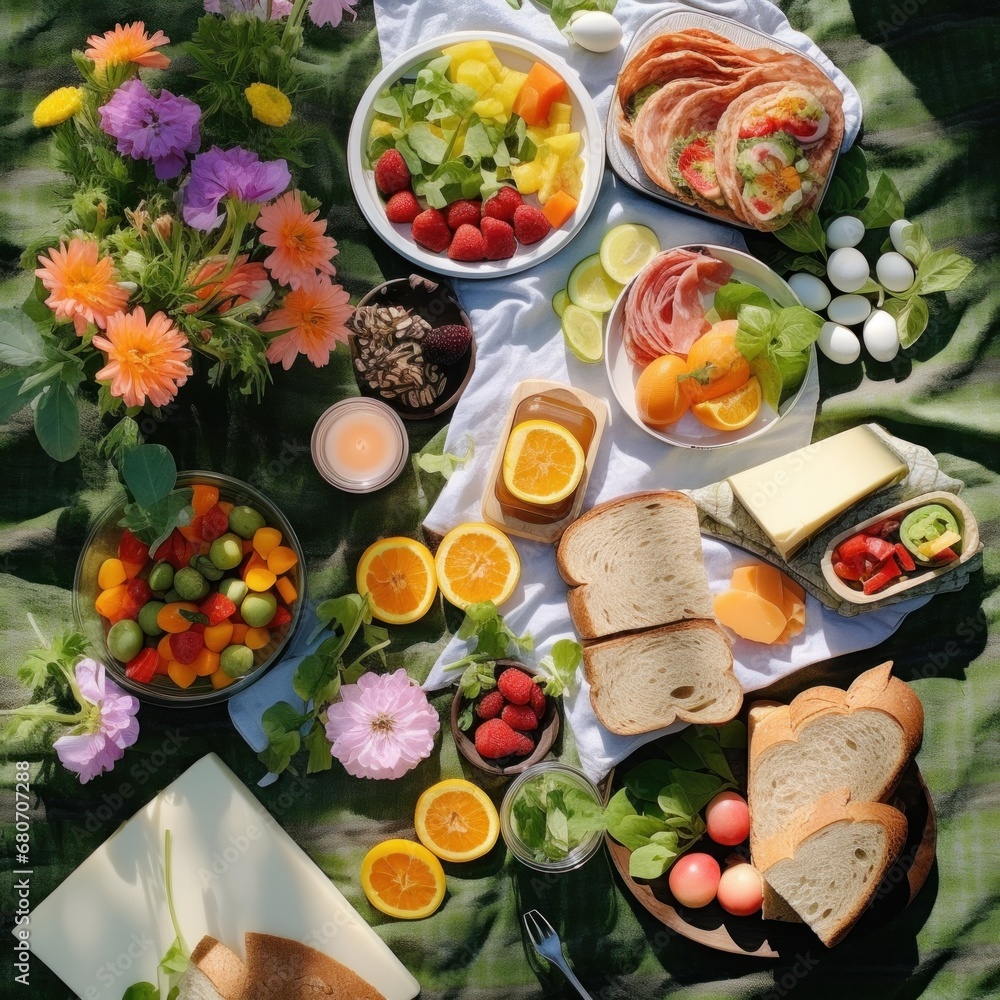 An overhead shot of a spring picnic spread with a colorful blanket, sandwiches, fruit, and flowers