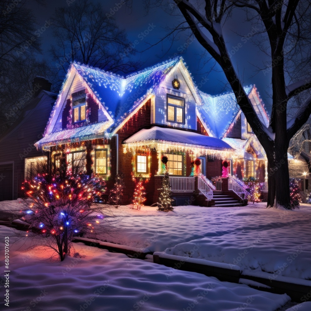 the beauty of Christmas lights at night. The house is decorated with colorful lights