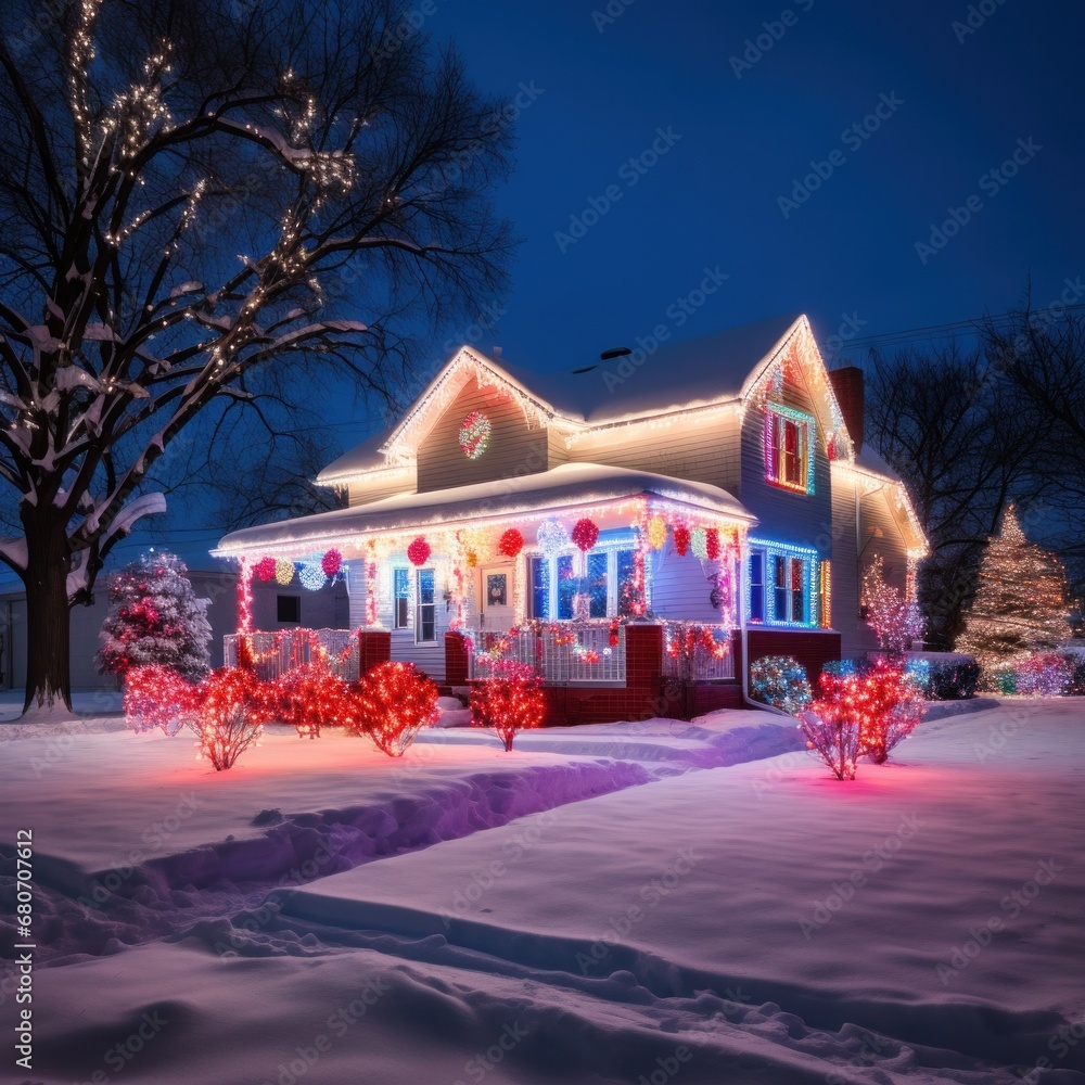 the beauty of Christmas lights at night. The house is decorated with colorful lights