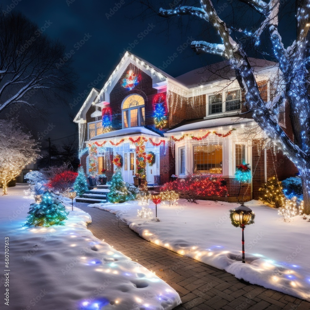 the beauty of Christmas lights at night. The house is decorated with colorful lights