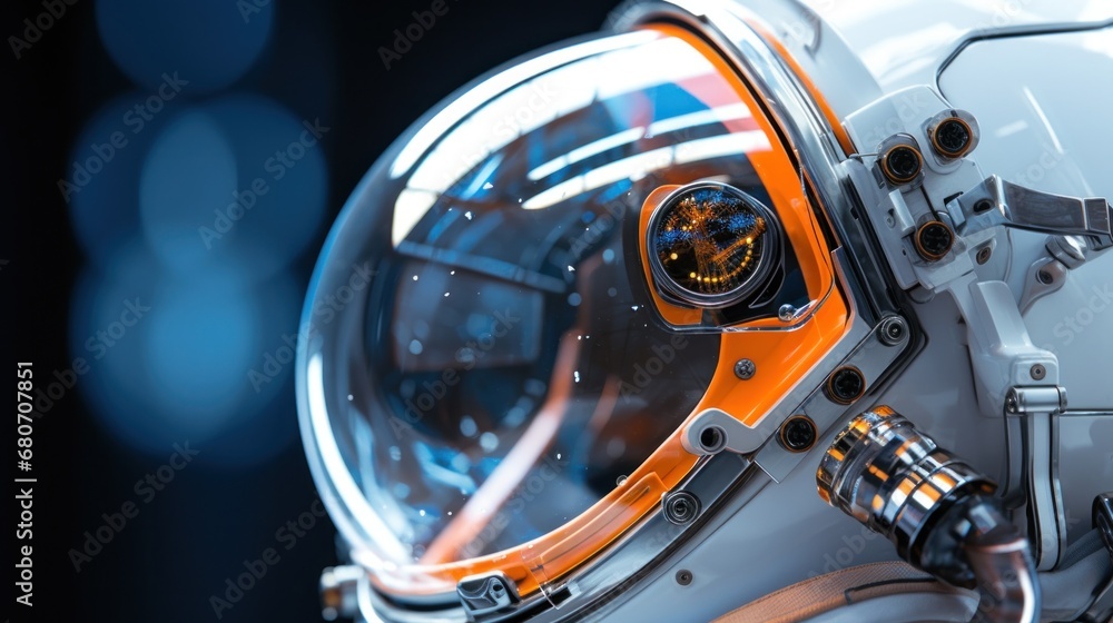 astronauts helmet visor reflecting the stars and planets