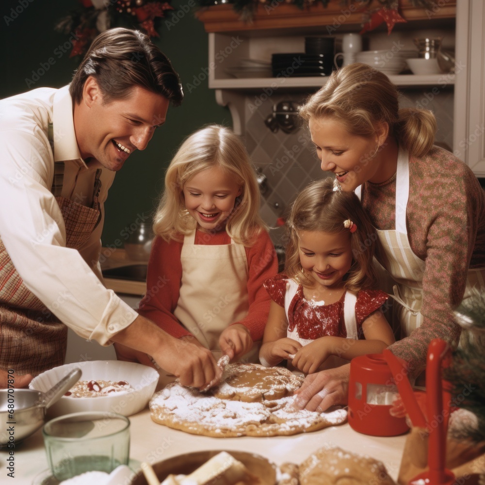 a family is baking Christmas cookies together in the kitchen