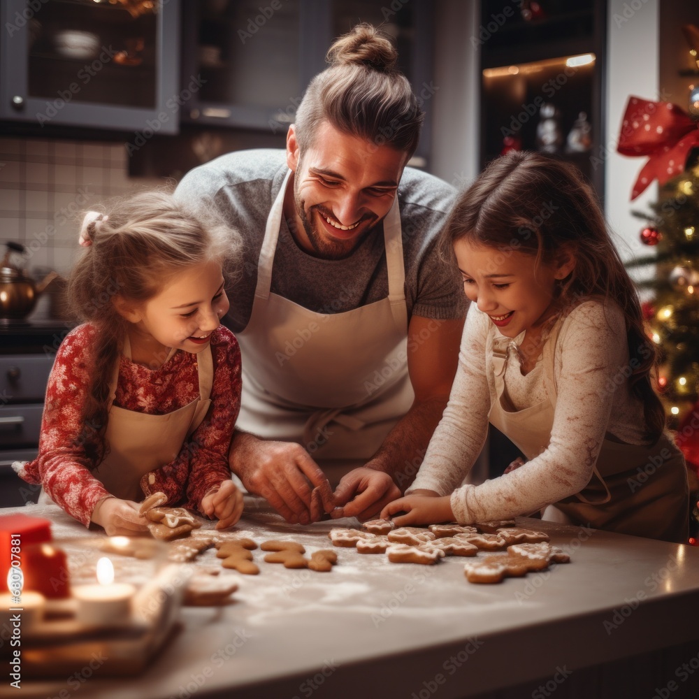 a family is baking Christmas cookies together in the kitchen