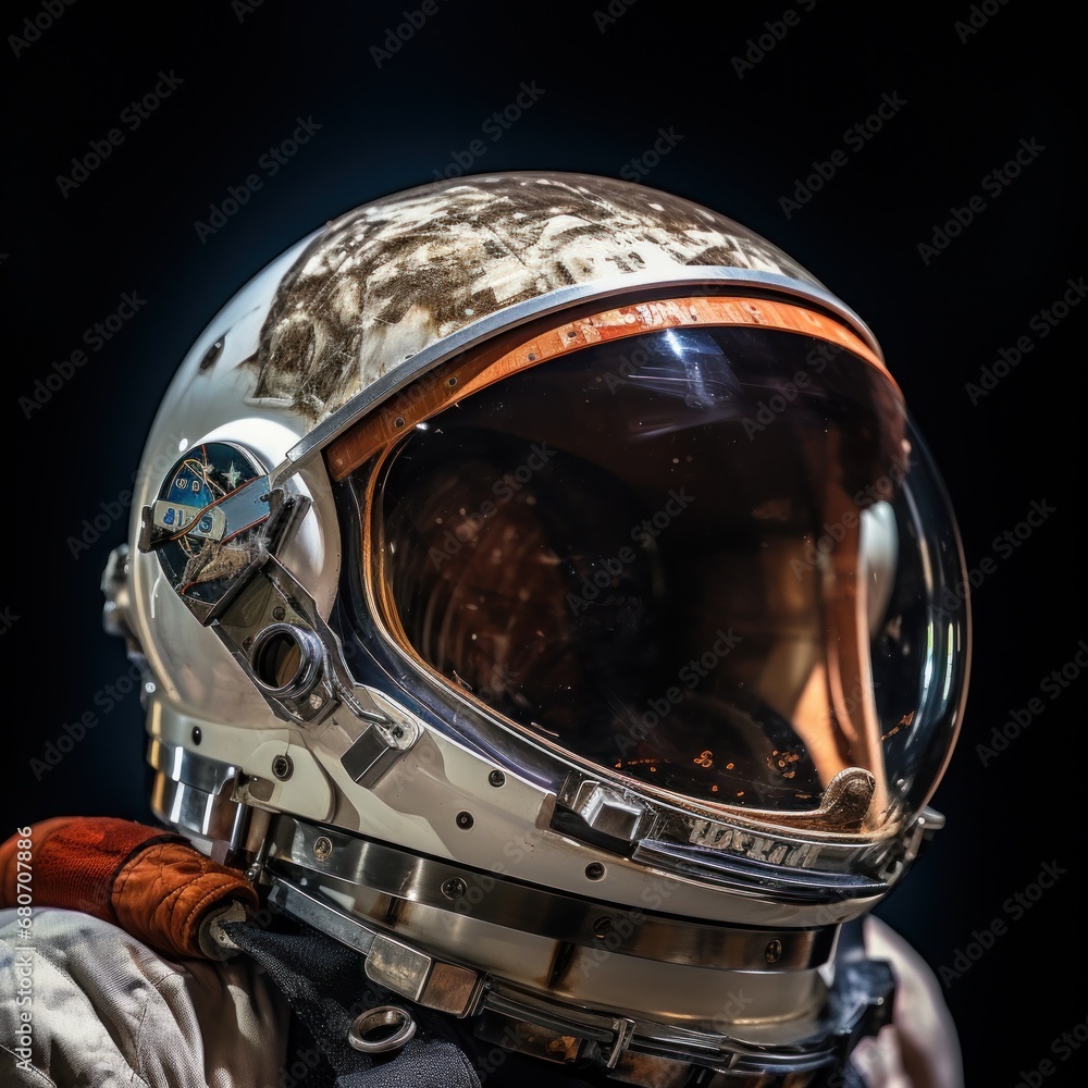 astronauts helmet visor reflecting the stars and planets