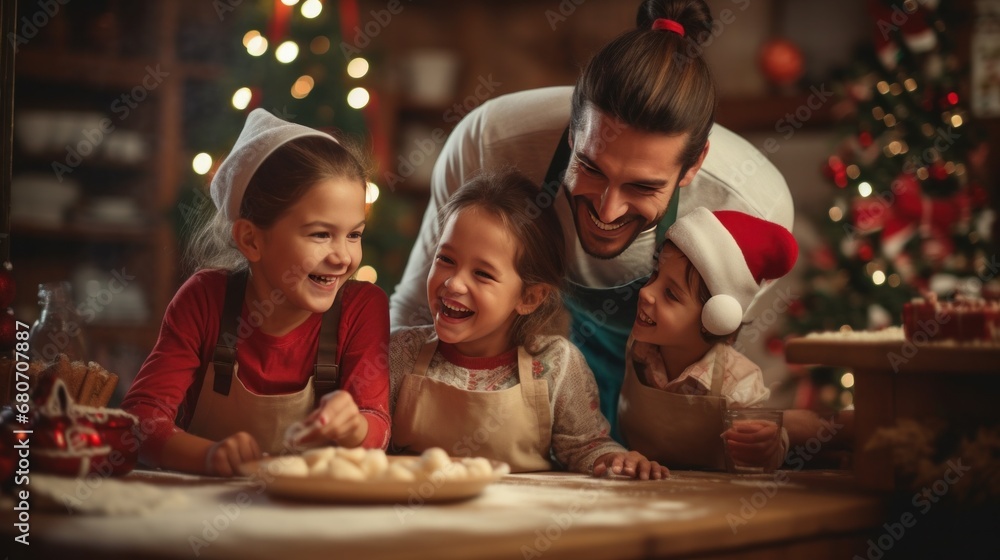 a family is baking Christmas cookies together in the kitchen