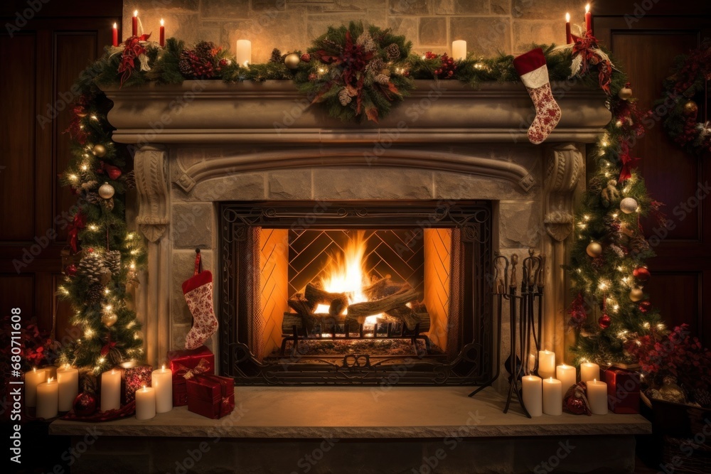 a beautifully decorated fireplace mantel with stockings, garlands, and candles