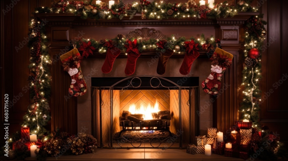 a beautifully decorated fireplace mantel with stockings, garlands, and candles