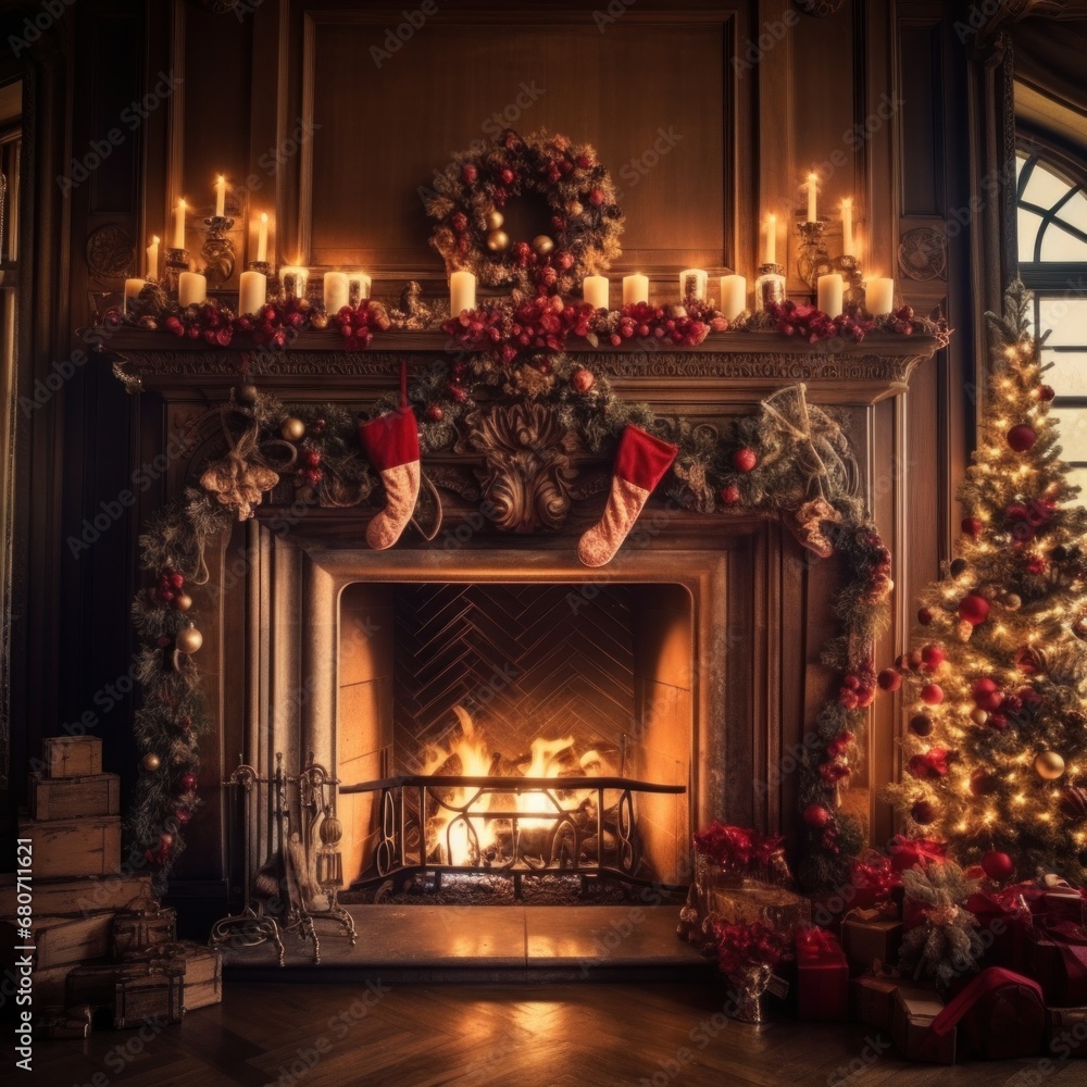 a beautifully decorated fireplace mantel with stockings, garlands, and candles