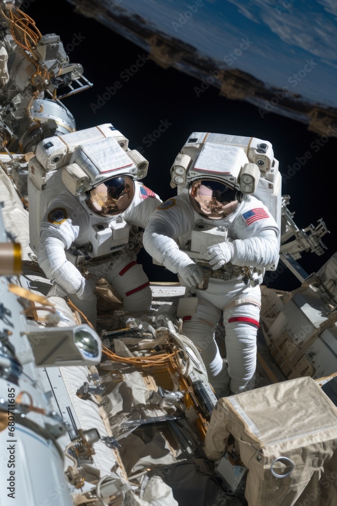 Group of astronauts working together to repair a spacecraft