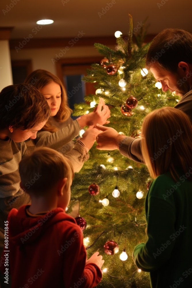 the moment when a family is decorating their Christmas tree