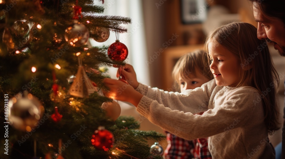 the moment when a family is decorating their Christmas tree