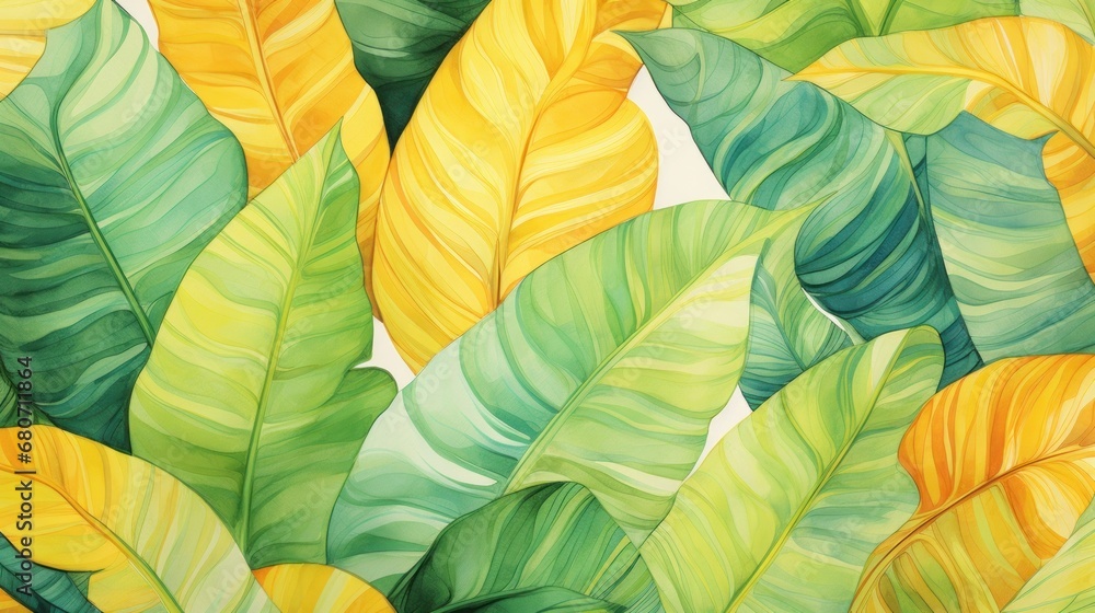 a bold and tropical illustration featuring watercolor leaves in shades of green