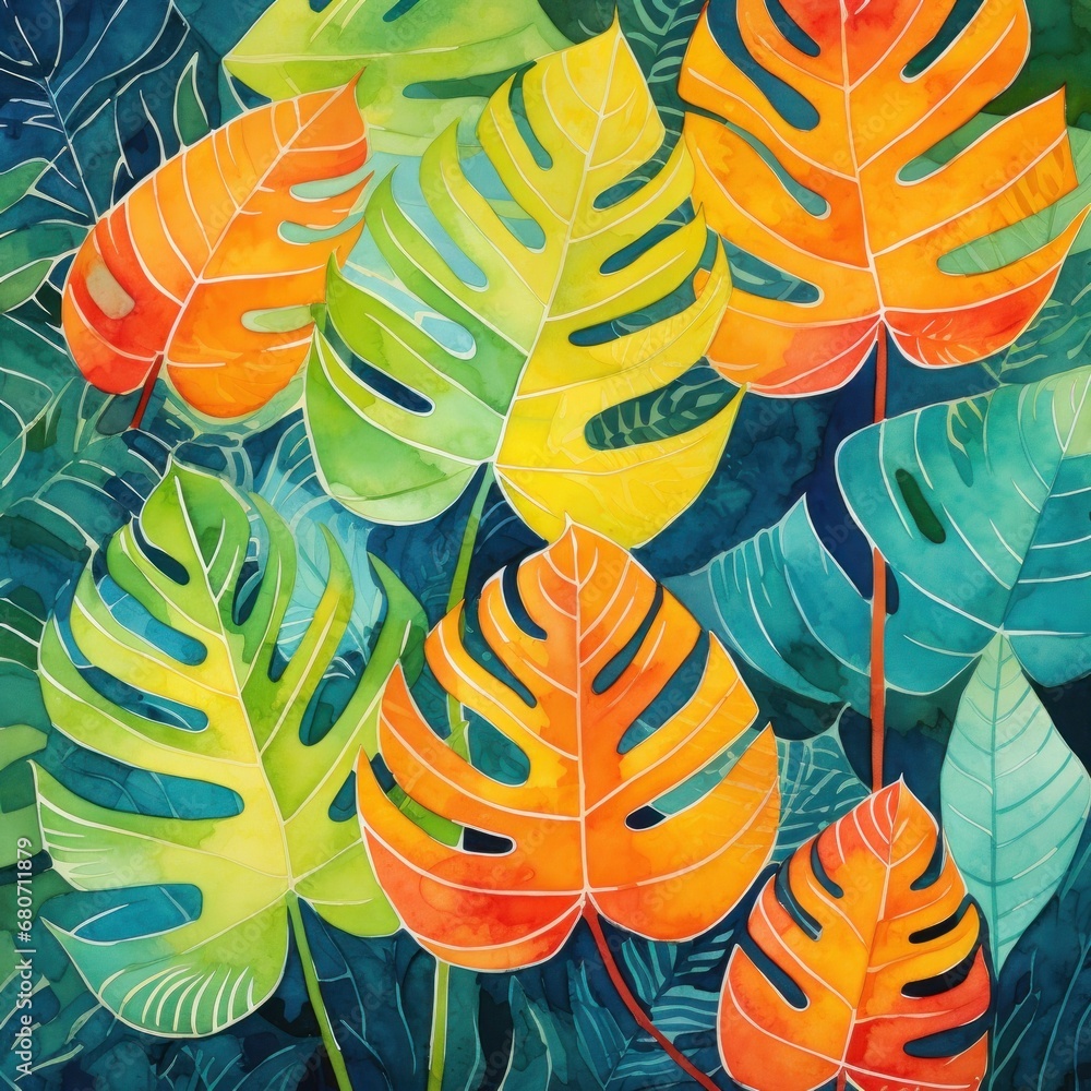 a bold and tropical illustration featuring watercolor leaves in shades of green