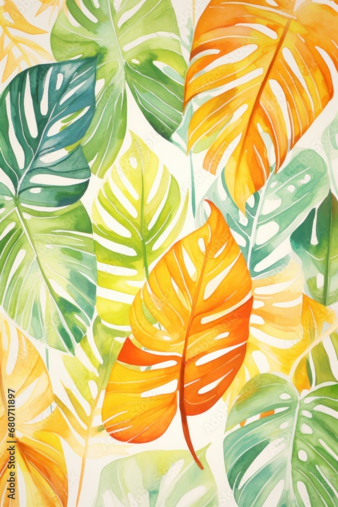 a bold and tropical illustration featuring watercolor leaves in shades of green