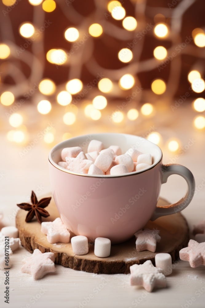 A beautiful image of a cup of hot cocoa with marshmallows, surrounded by Christmas cookies