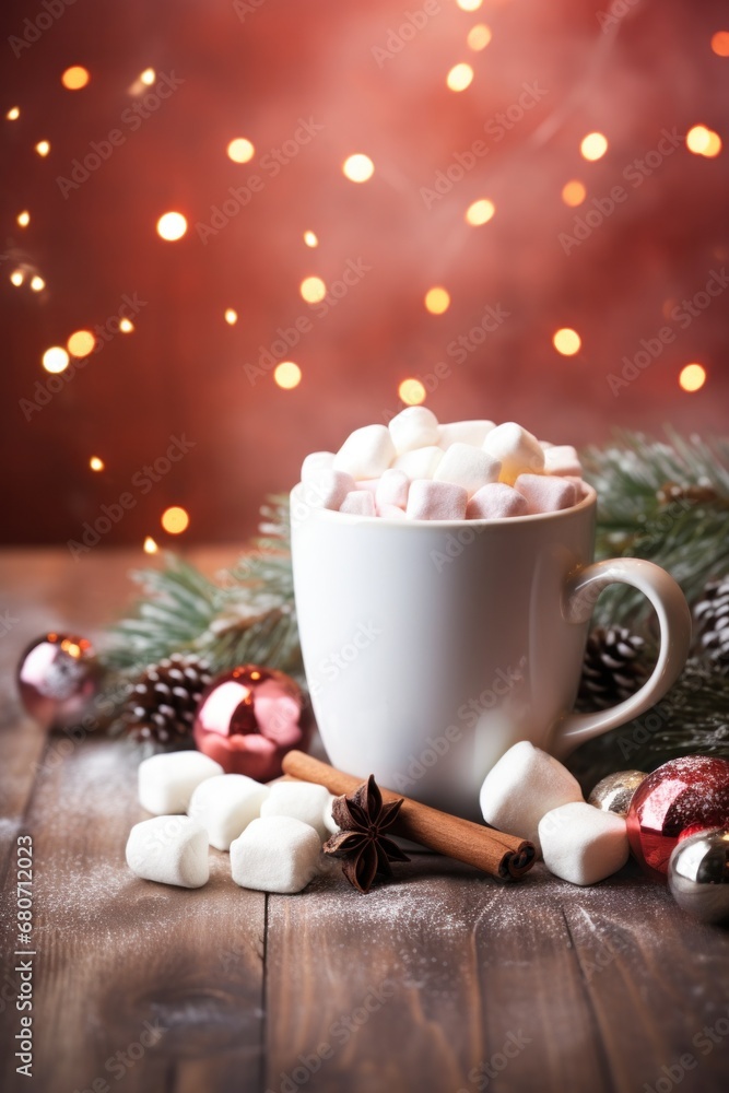 A beautiful image of a cup of hot cocoa with marshmallows, surrounded by Christmas cookies