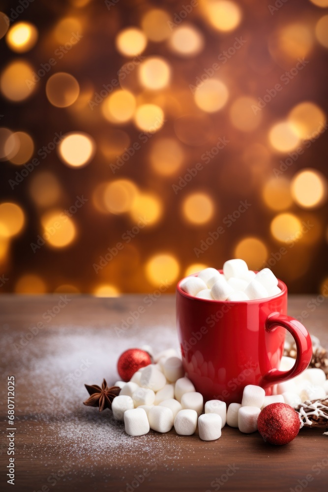 A beautiful image of a cup of hot cocoa with marshmallows, surrounded by Christmas cookies