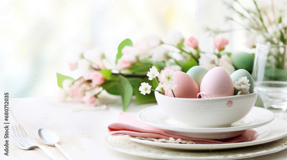 A beautifully decorated Easter table setting with pastel-colored eggs, flowers, and greenery on a light wood background with space for text