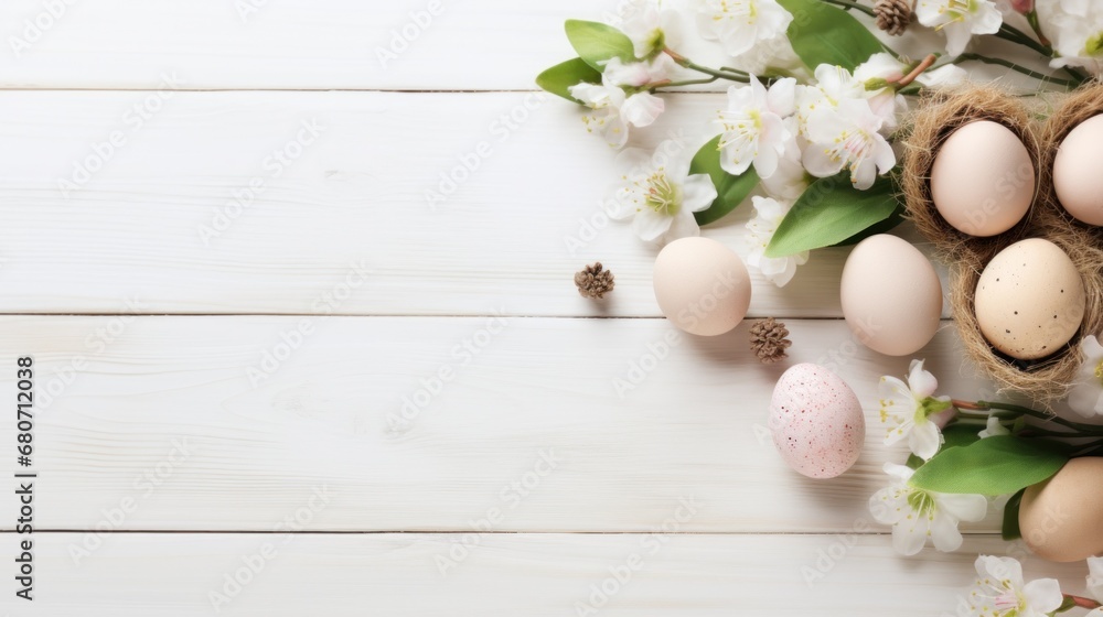 A beautifully decorated Easter table setting with pastel-colored eggs, flowers, and greenery on a light wood background with space for text