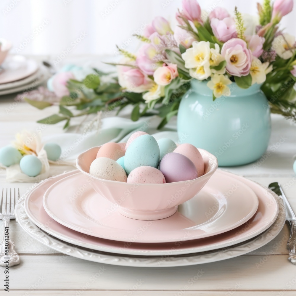 A beautifully decorated Easter table setting with pastel-colored eggs, flowers, and greenery on a light wood background with space for text