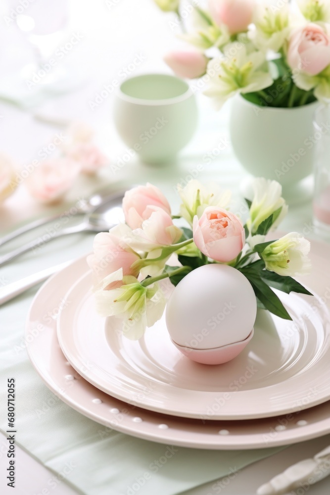 A beautifully decorated Easter table setting with pastel-colored eggs, flowers, and greenery on a light wood background with space for text