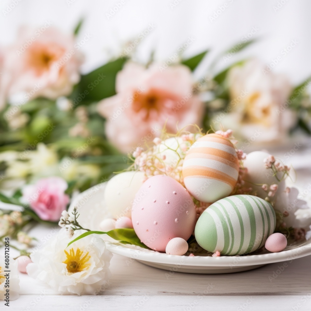 A beautifully decorated Easter table setting with pastel-colored eggs, flowers, and greenery on a light wood background with space for text