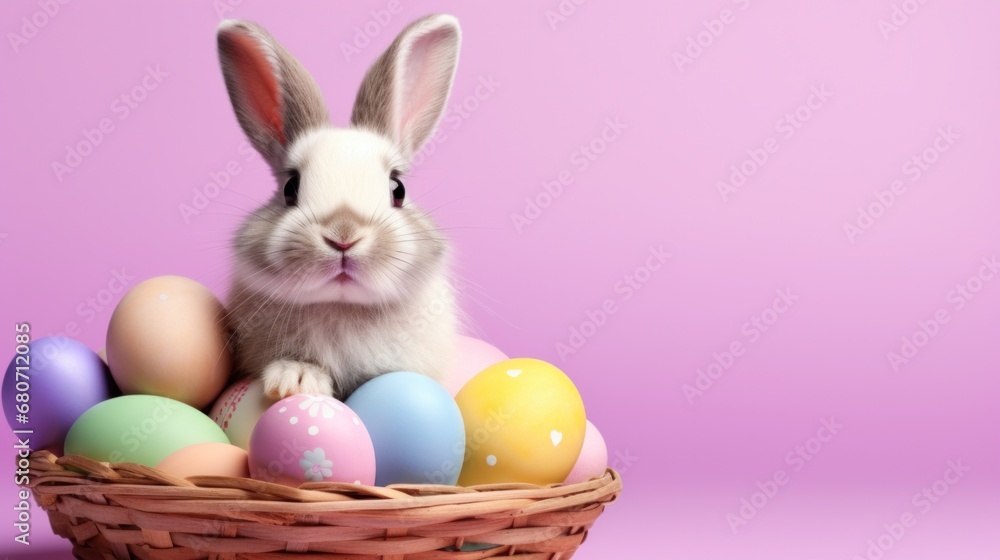 A cheerful Easter bunny holding a basket of eggs on a pink and purple background