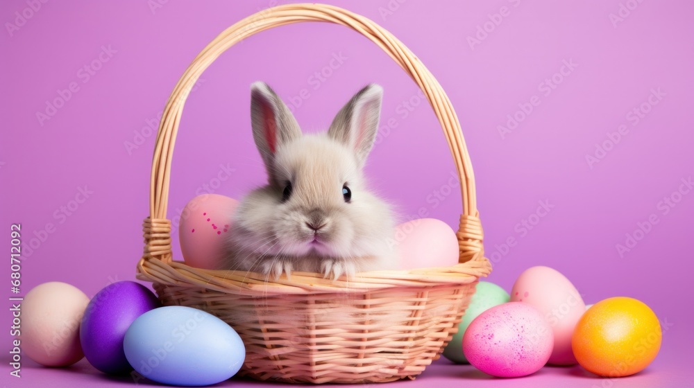 A cheerful Easter bunny holding a basket of eggs on a pink and purple background