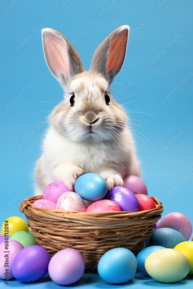 A cheerful Easter bunny holding a basket of eggs on a pink and purple background