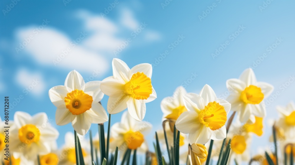 A close-up shot of a bunch of daffodils with a blurred background of blue skies and white clouds