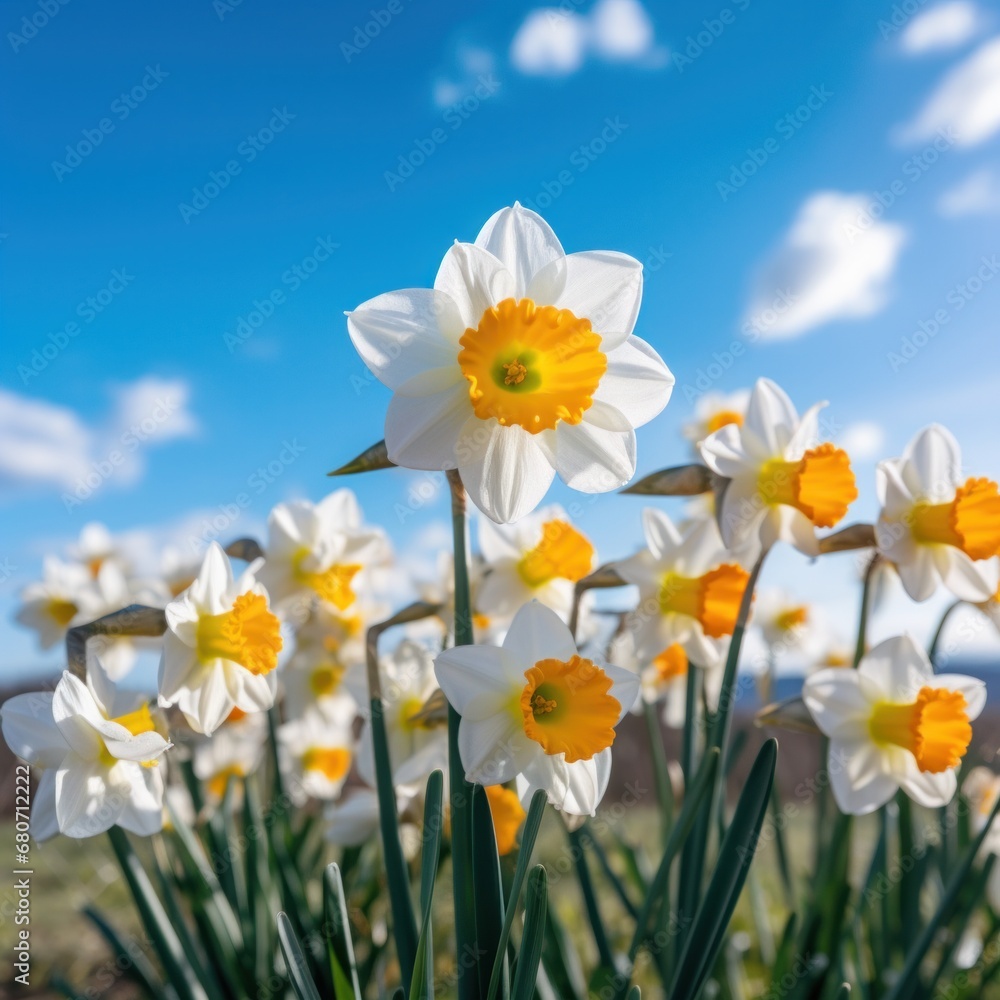 A close-up shot of a bunch of daffodils with a blurred background of blue skies and white clouds