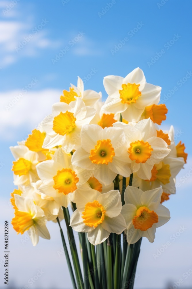 A close-up shot of a bunch of daffodils with a blurred background of blue skies and white clouds