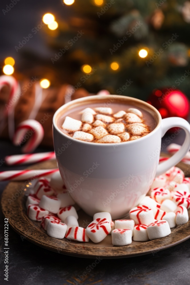 A close-up shot of a cup of hot cocoa with marshmallows and candy canes