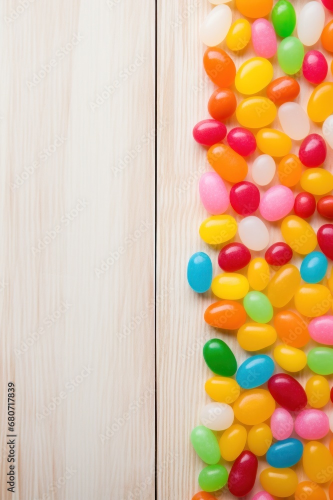 Colorful jelly beans arranged in a springtime pattern on a light wood background