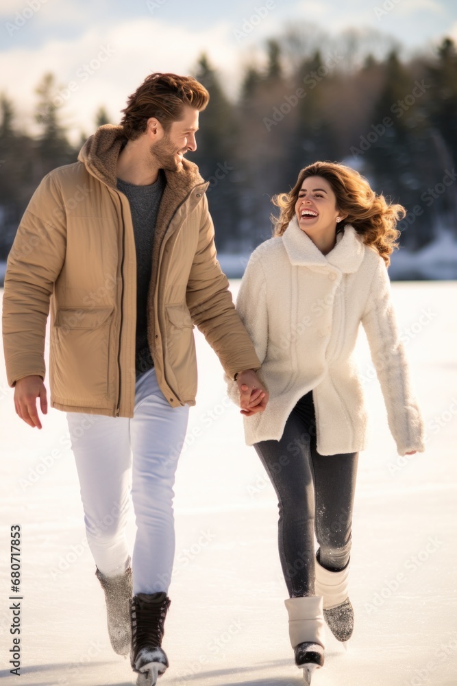 A couple holding hands and ice skating on a frozen lake with big smiles on their faces