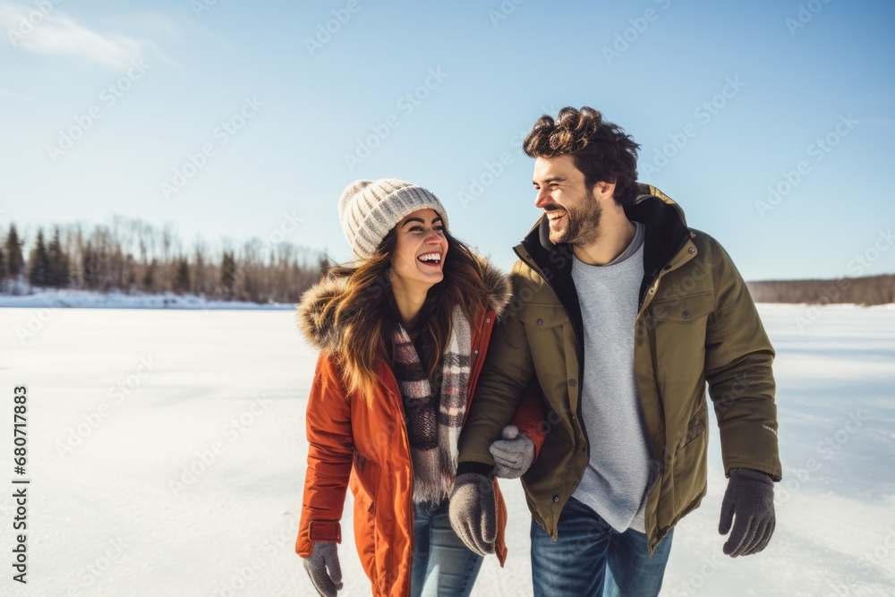 A couple holding hands and ice skating on a frozen lake with big smiles on their faces