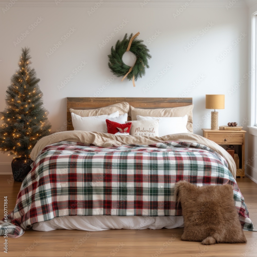 Cozy bedroom with a plaid blanket and holiday-themed pillows