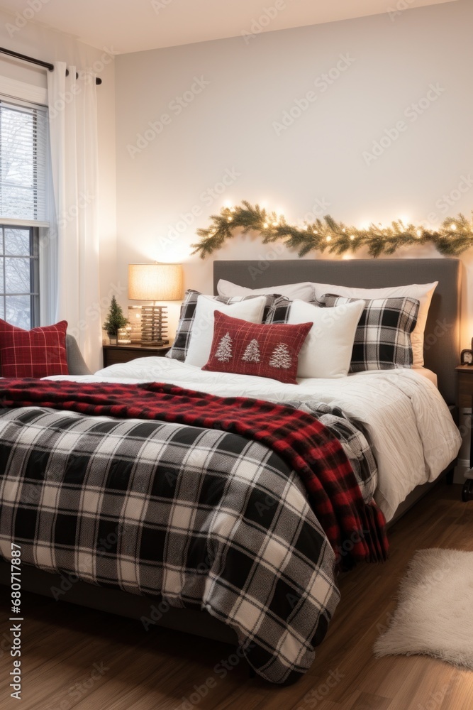 Cozy bedroom with a plaid blanket and holiday-themed pillows