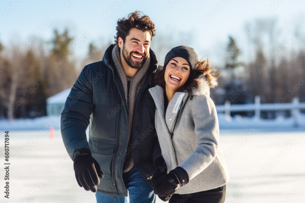 A couple holding hands and ice skating on a frozen lake with big smiles on their faces