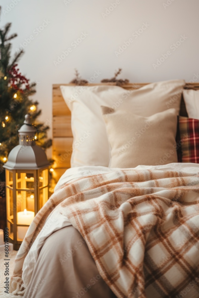 Cozy bedroom with a plaid blanket and holiday-themed pillows