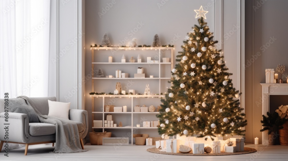 A cozy living room with a Christmas tree in the corner, decorated with lights and ornaments