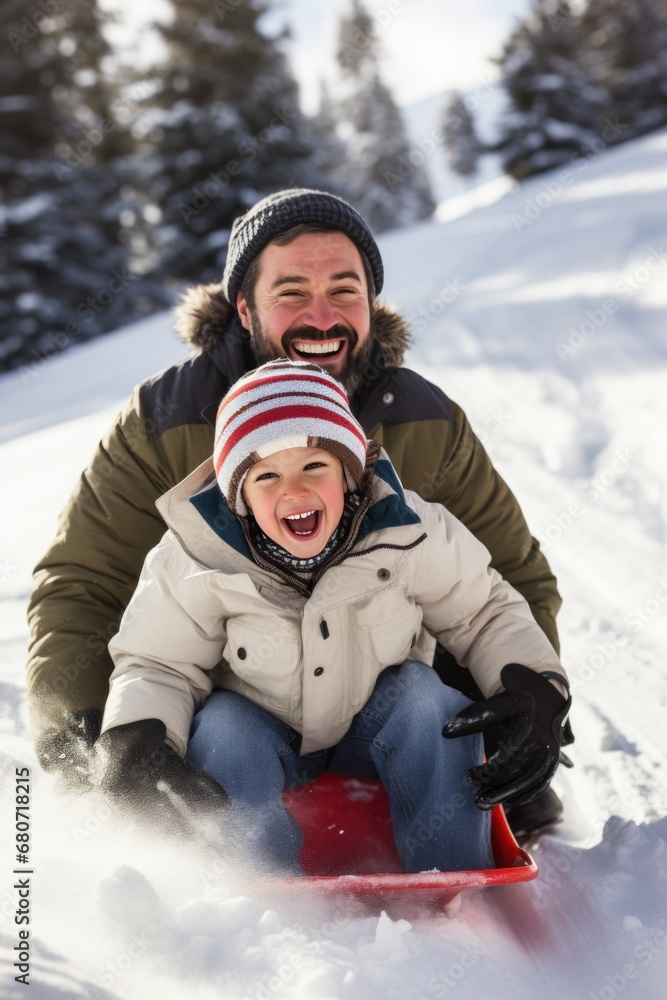 A father and son sledding down a hill together, both with smiles on their faces