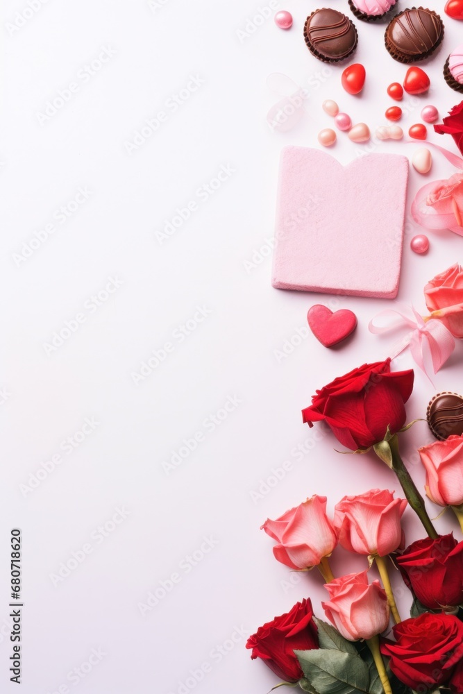 A minimalistic flat-lay photo of various Valentines Day-themed items