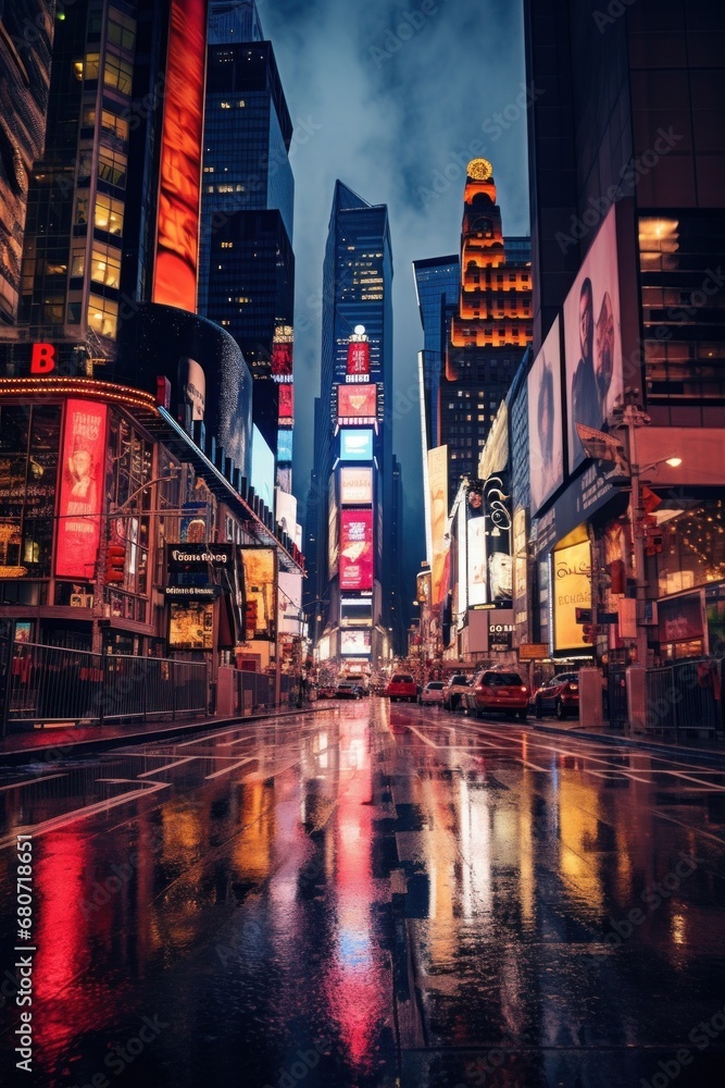 A panoramic view  with the iconic ball drop and bright lights welcoming in the new year.